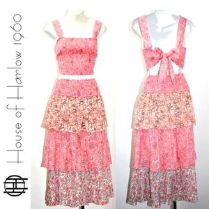 HOUSE OF HARLOW Pink Floral Cotton Smocked Crop Top & Tiered Maxi Skirt Set NWT.